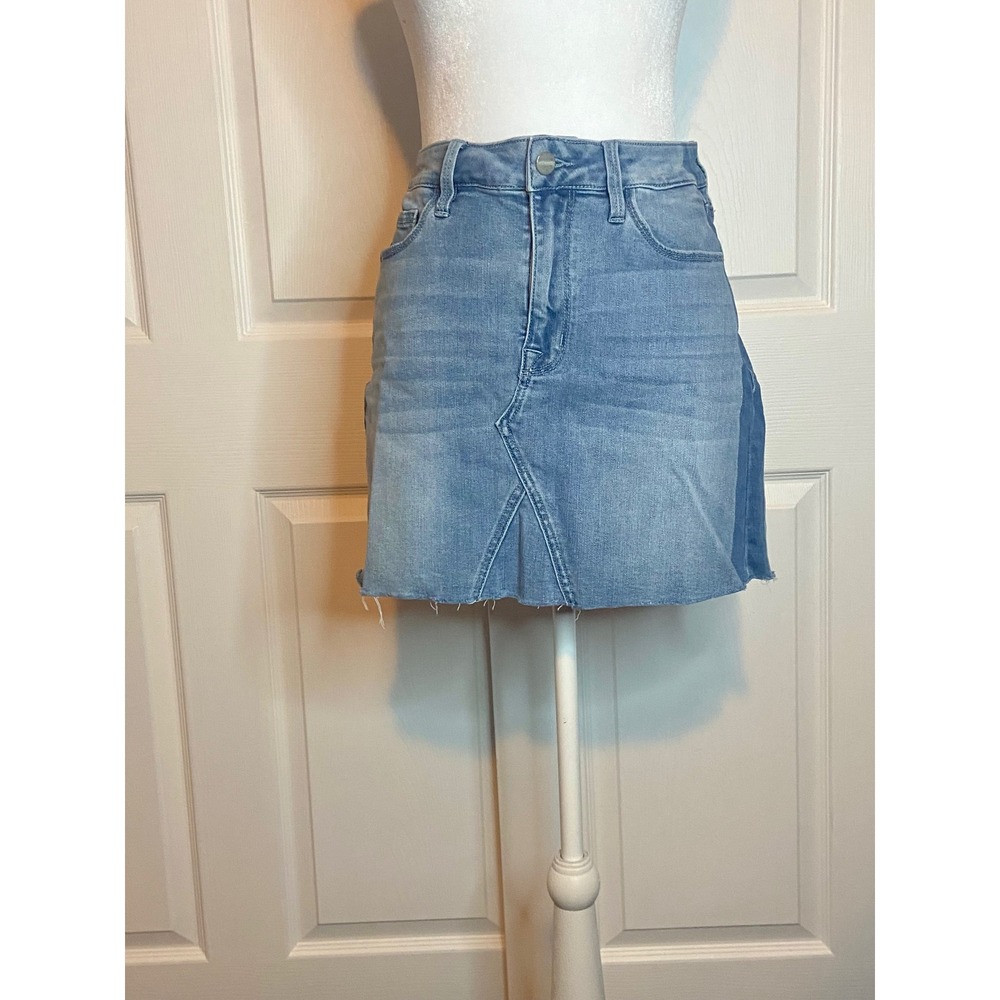 Sanctuary Denim Two Tone Side Panel Mini Skirt Light Wash Raw Hem Size 28